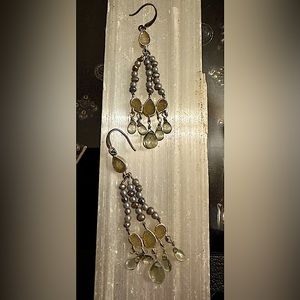 Chandelier earrings, silver with gray druzy, black pearls, & smoky crystals.